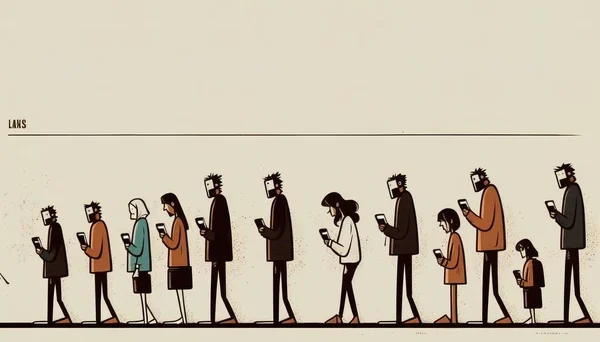 A group of people standing in a line with cell phones in their hands and one man holding a cell phone dystopia a microscopic photo figurativism