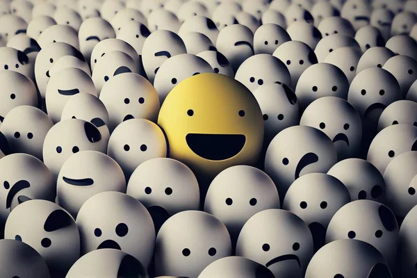 A yellow smiley face surrounded by many white balls with faces drawn on them and eyes drawn on cheerful a stock photo figurativism