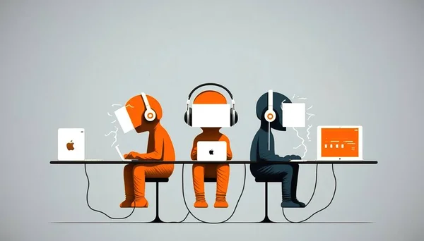 Three people sitting at a table with headphones on and laptops on their laps editorial illustration computer graphics les automatistes