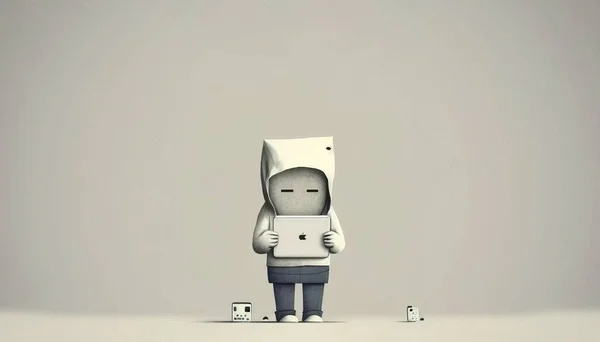 A person with a laptop in their hand and a bag over their head with dice scattered around 2 d game art a screenshot video art