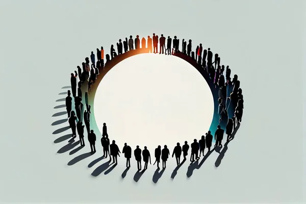 A group of people standing in a circle with a white background and a rainbow colored circle golden ratio illustration a raytraced image precisionism