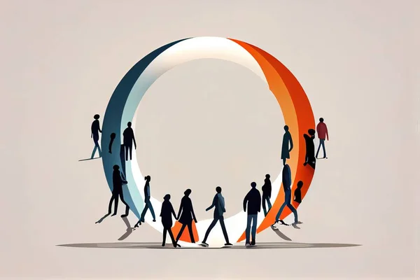 A group of people standing in a circle with a rainbow in the middle of it editorial illustration an ultrafine detailed painting objective abstraction