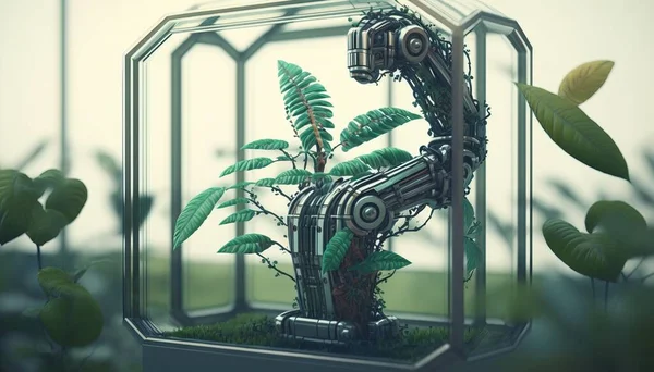 A plant inside a glass container with a robot inside of it and a plant inside intricate environment an ambient occlusion render computer art