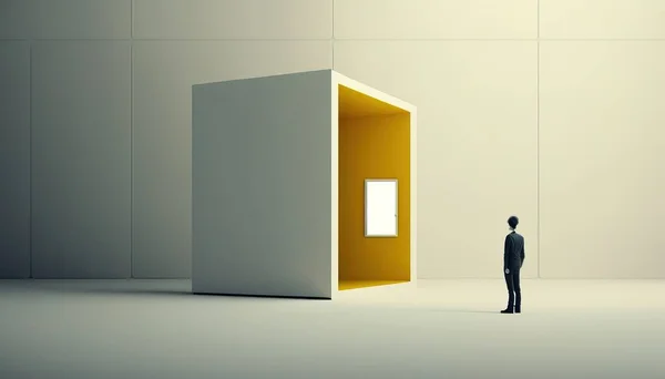 A man standing in front of a yellow door in a room with white walls and a white door liminal space a 3d render postminimalism