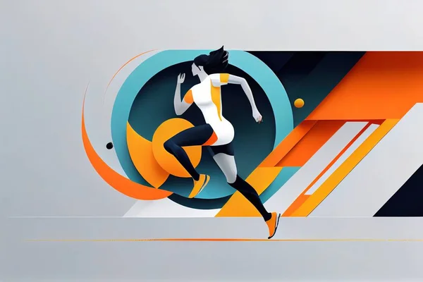 A woman running in a graphic style with a background of orange and blue shapes and a white background liam brazier an ultrafine detailed painting geometric abstract art