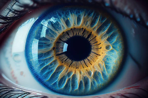 A close up of a blue eye with yellow iris and black iris iris with a white background realistic eyes a 3d render photorealism