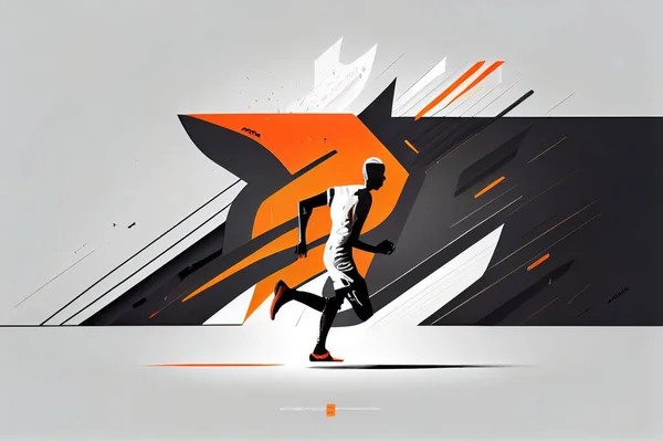 A man running in a graphic style with a background of orange and black shapes and a white background liam brazier a digital rendering lyco art