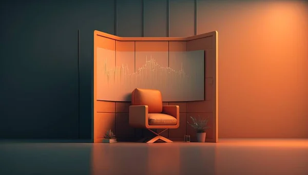A chair and a mirror in a room with a wall and floor pattern on the walls cinema 4 d a 3d render computer art
