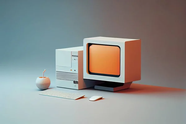 A computer with a monitor and keyboard on a table with a apple in front of it cinema 4 d a computer rendering computer art