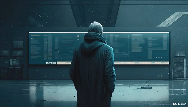 A man in a hooded jacket looking at a large screen in a dark room with a neon blue background dystopian art cyberpunk art computer art