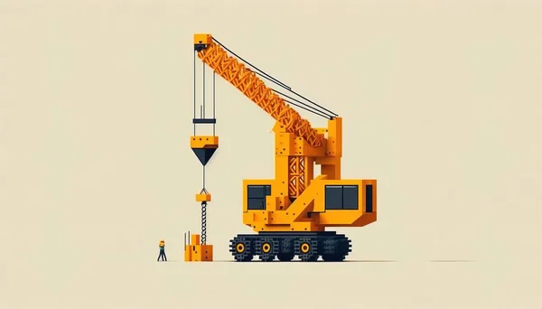 A yellow crane is lifting a man on a platform to work on a crane structure colorful flat surreal design a digital rendering modular constructivism