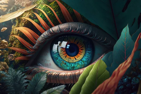 A close up of a blue eye surrounded by plants and leaves with a butterfly on it highly detailed digital painting a 3d render psychedelic art