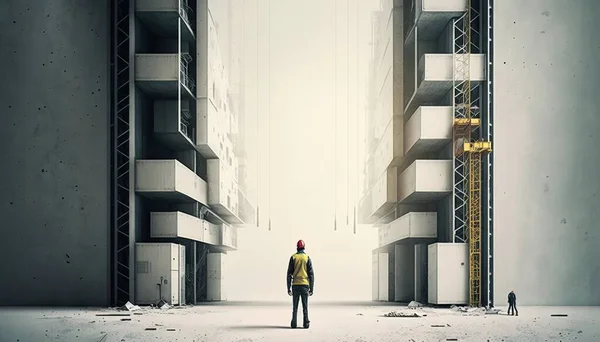 A man standing in a large building with a sky background and a person standing in the middle of the building cinematic matte painting a matte painting modular constructivism