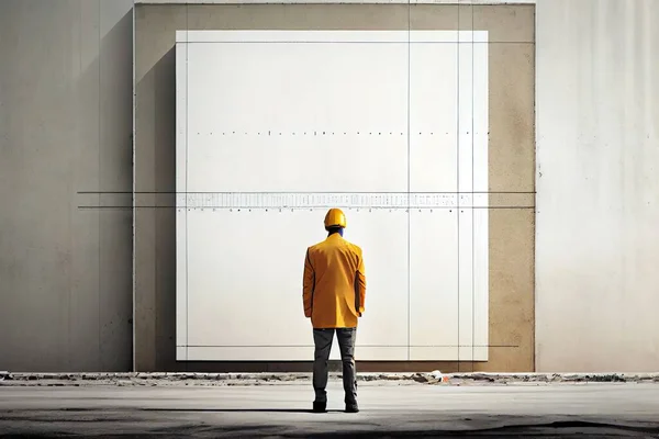 A man in a yellow jacket standing in front of a large white wall with lines on it blueprint a digital rendering precisionism