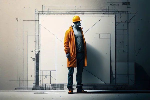 A man in a yellow coat and a yellow hat standing in front of a wall editorial illustration a digital rendering modular constructivism
