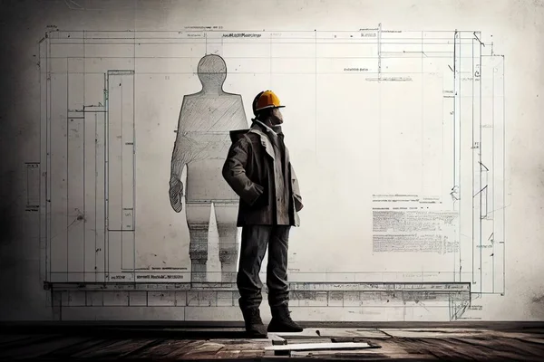A man standing in front of a drawing of a man\'s body and torso blueprint a digital rendering constructivism