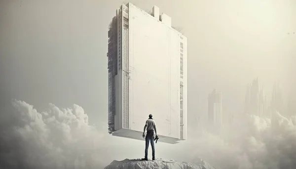 A man standing on top of a mountain with a giant building in the sky above him cinematic matte painting a matte painting concrete art