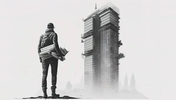 A man standing in front of a tall building with a construction worker standing next to it dystopian art an ambient occlusion render neoism