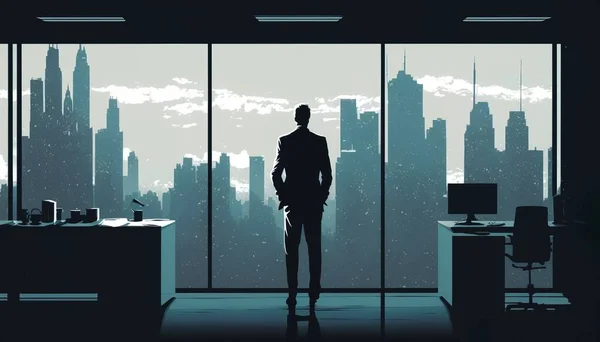 A man standing in front of a window in a room with a city view in the background editorial illustration art neoism