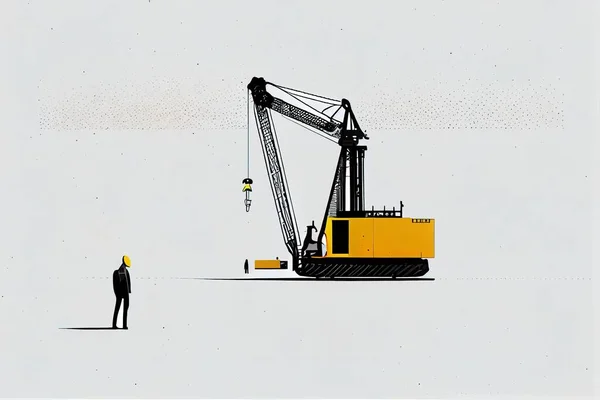 A man standing in front of a crane in the snow with a man standing next to it editorial illustration a storybook illustration serial art