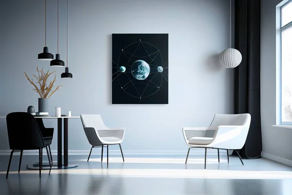 A room with a table chairs and a painting on the wall with a picture of the planets redshift render an ultrafine detailed painting space art
