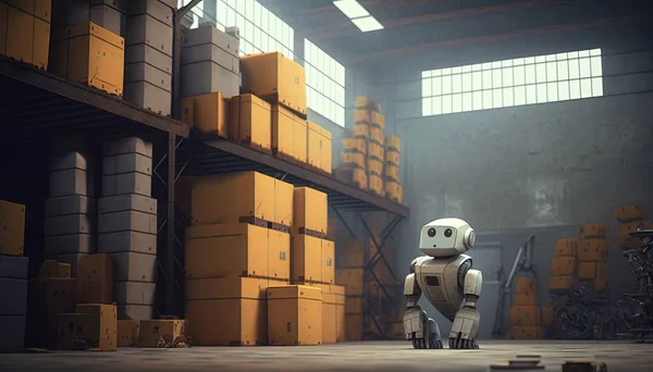 A robot standing in a warehouse with boxes on the floor and a fork in the air redshift render a 3d render les automatistes