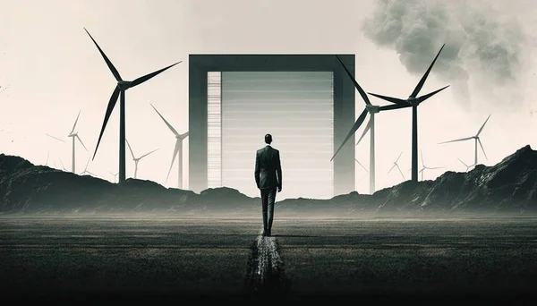 A man standing in front of a field of wind turbines and a building with a door dystopian art a matte painting futurism