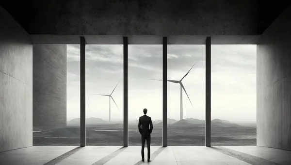 A man standing in a room with wind turbines in the background and a sky filled with clouds solarpunk a matte painting institutional critique