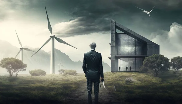 A man standing in front of a windmill and a house with a wind turbine in the background solarpunk a matte painting brutalism
