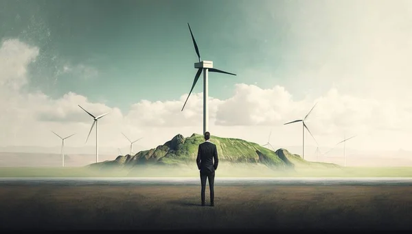 A man standing in front of a field of wind turbines with a mountain in the background solarpunk a detailed matte painting environmental art