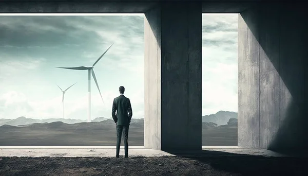 A man standing in a doorway looking at a wind turbine in the distance with a sky background solarpunk a detailed matte painting environmental art