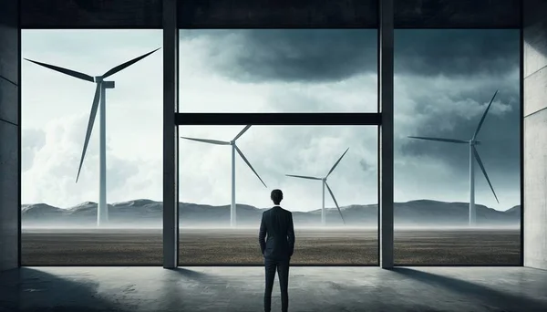 A man standing in front of a window with wind turbines in the background and a sky filled with clouds solarpunk a detailed matte painting environmental art