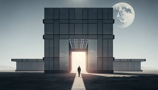 A man standing in front of a doorway to a moon filled sky with a light at the end sci fi a matte painting retrofuturism