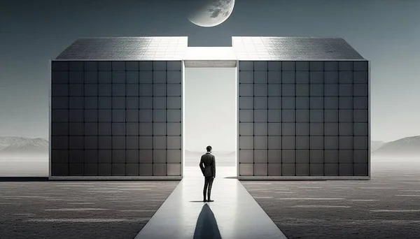 A man standing in front of a large building with two doors open to the moon surreal photography a detailed matte painting purism