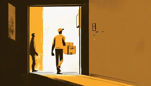 A man is walking out of a doorway with a box on his back and a man in a yellow shirt is standing in front of editorial illustration a storybook illustration les automatistes