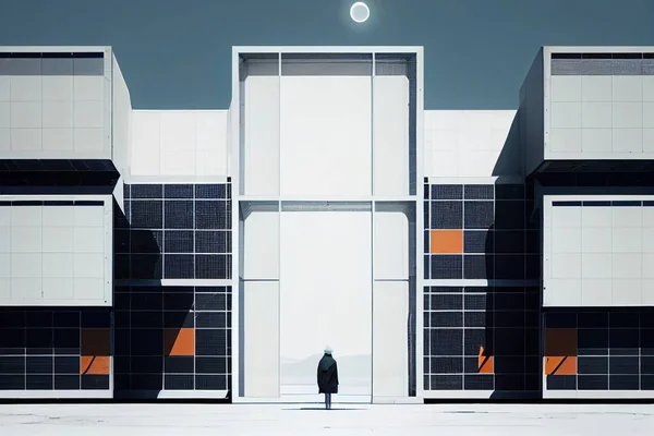 A man standing in front of a building with a giant door and a giant window nier:automata inspired a screenshot brutalism