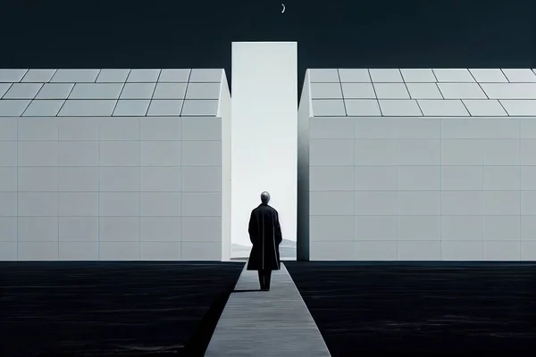 A man standing on a walkway in front of a building with a large doorway and a sky background dystopian art an ultrafine detailed painting purism