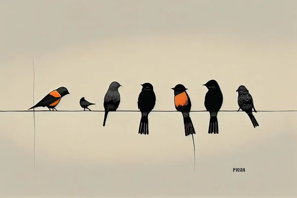 A group of birds sitting on a wire with a sky background behind them and a sky background birds a silk screen precisionism