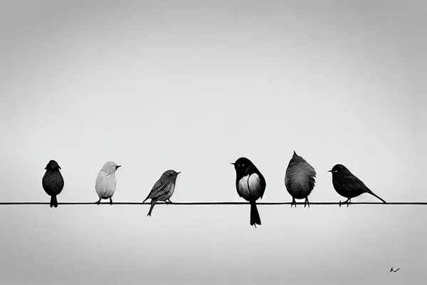 A group of birds sitting on a wire with a sky background in the background and a bird standing on the wire birds a black and white photo figuration libre