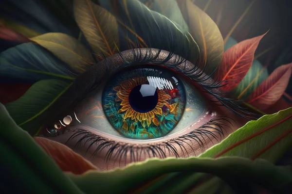 A close up of a person\'s eye with a colorful flower in the iris highly detailed digital painting a digital painting psychedelic art