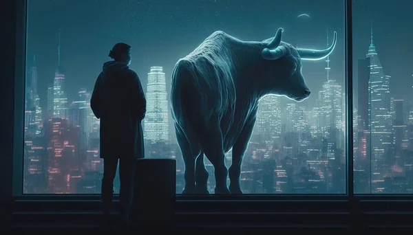 A man standing in front of a window with a bull in the window and a cityscape in the background redshift render cyberpunk art neo-figurative