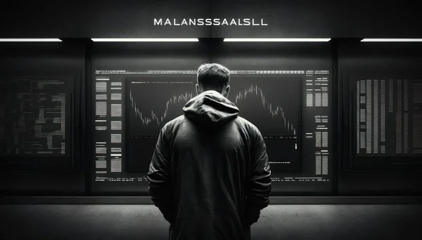 A man standing in front of a wall with a lot of data on it and a sign that says ilm poster art neoism