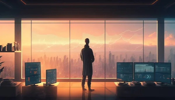 A man standing in front of a window looking out at a cityscape and computer screens solarpunk cyberpunk art computer art