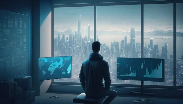 A man sitting in front of a computer monitor in a room with a city view cyberpunk style cyberpunk art computer art
