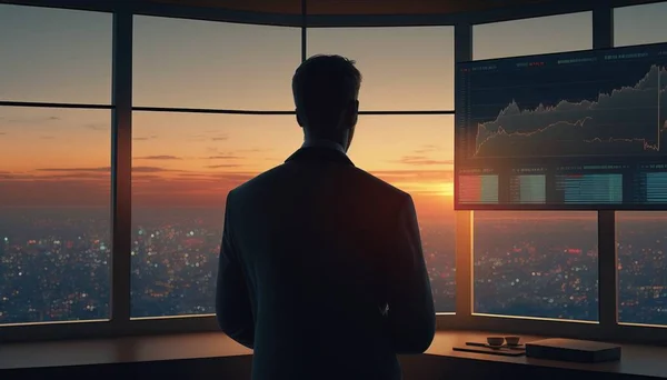 A man looking out a window at a city at sunset with a computer screen showing a stock market dim volumetric lighting computer graphics new objectivity