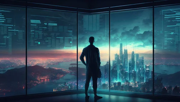 A man standing in front of a window looking at a city at night with skyscrapers cyberpunk style cyberpunk art futurism