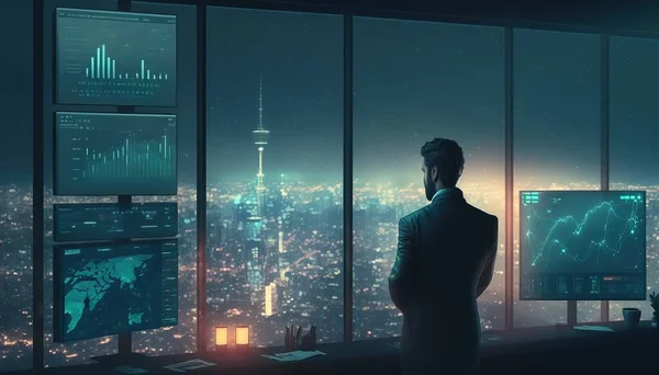 A man standing in front of a window looking out at a city at night with skyscrapers cyberpunk style cyberpunk art computer art