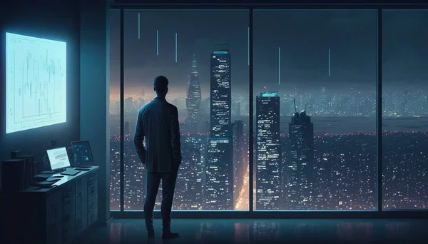 A man standing in front of a window looking out at a city at night with a large screen city background cyberpunk art retrofuturism