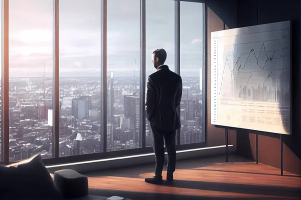 A man standing in front of a large window looking out at a cityscape unreal highly rendered a stock photo new objectivity
