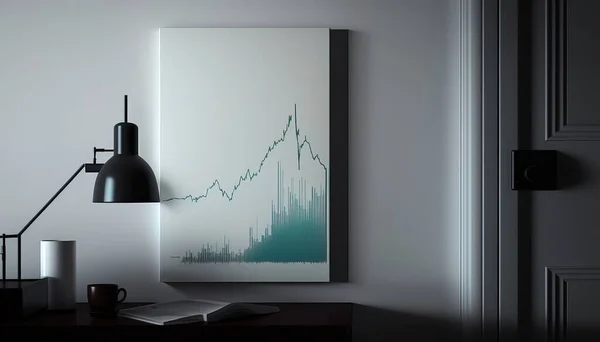 A painting of a chart on a wall next to a lamp and a book on a desk dim volumetric lighting a minimalist painting analytical art